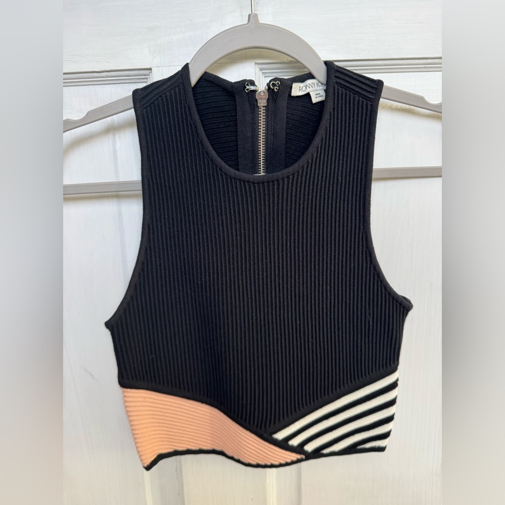 Ronny Kobo Collection Black and Peach Striped Sleeveless Crop Top